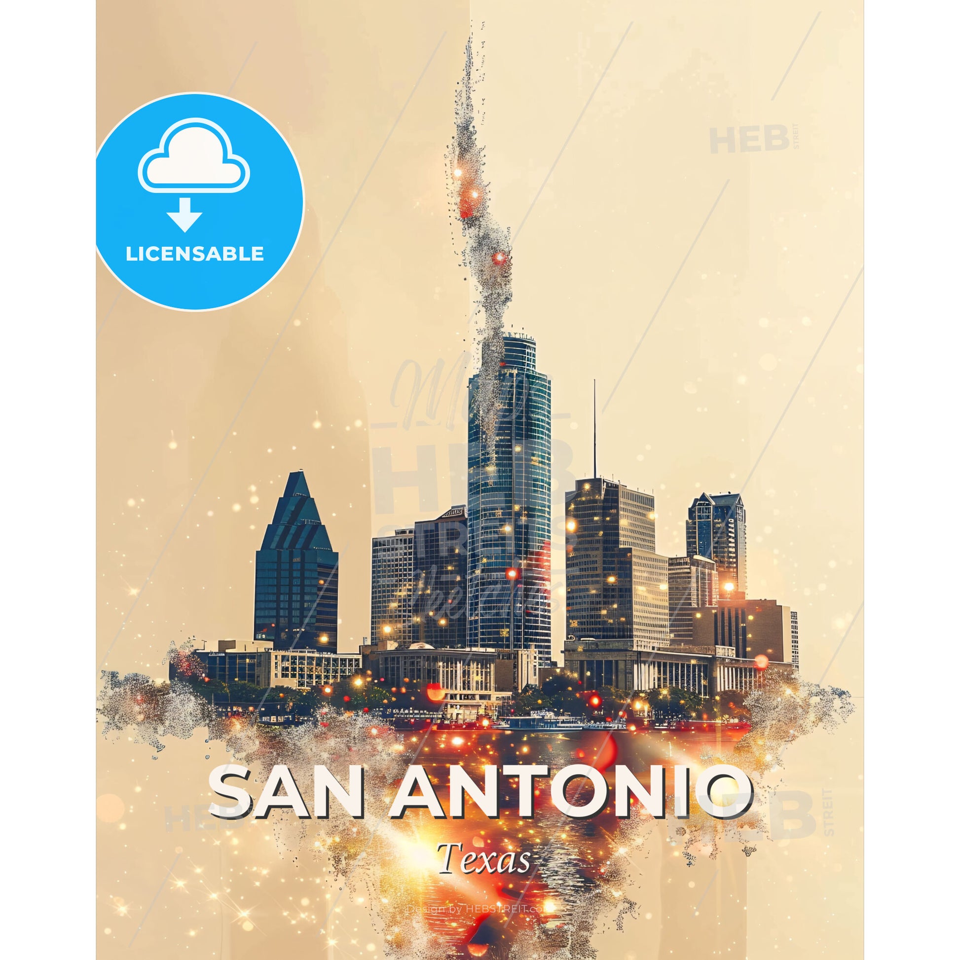 San Antonio City Skyline Composite Art Poster Decor - A city skyline with a fire in the sky - Square format print template