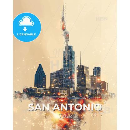 San Antonio City Skyline Composite Art Poster Decor - A city skyline with a fire in the sky - Square format print template