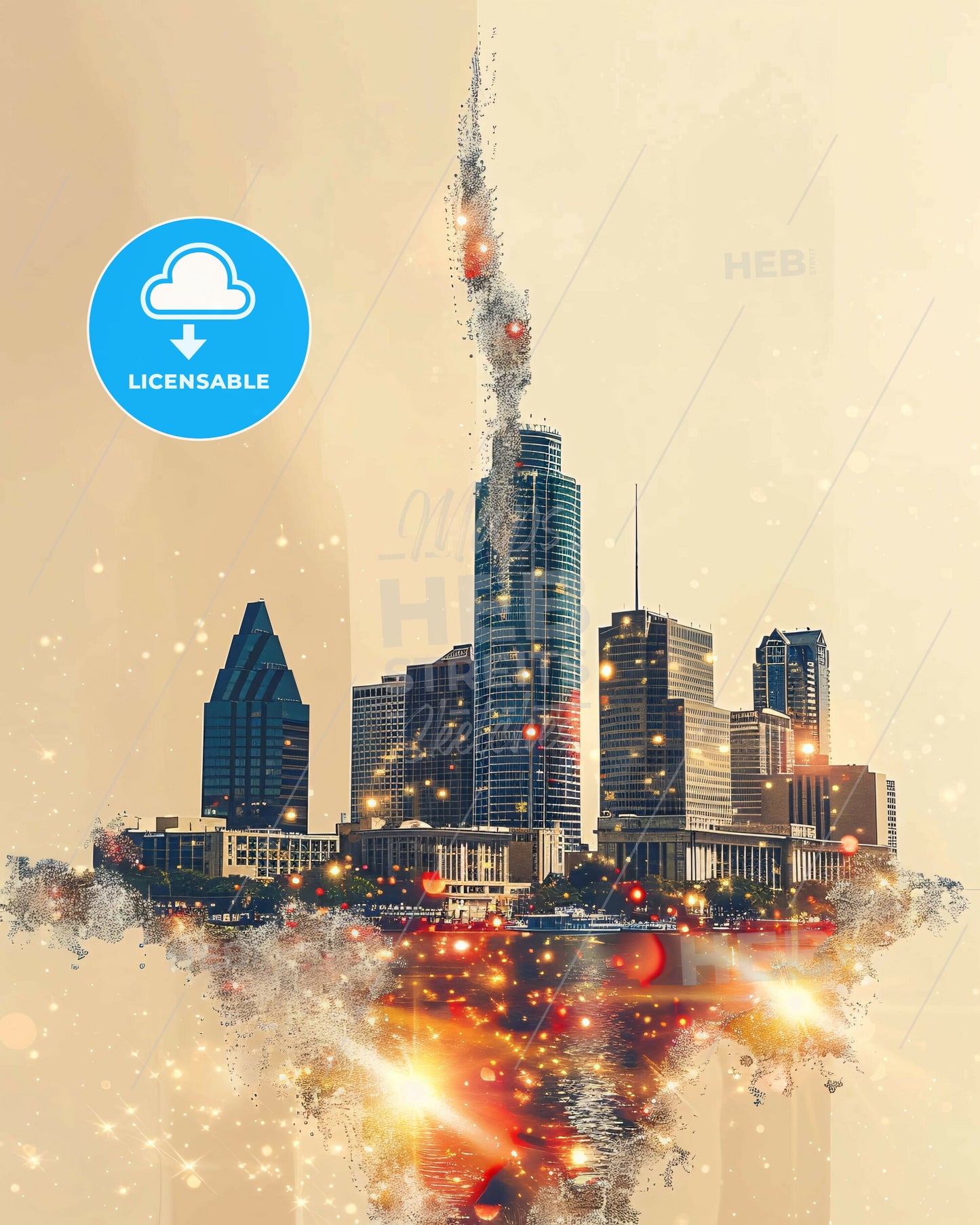 San Antonio City Skyline Composite Art Poster Decor - A city skyline with a fire in the sky