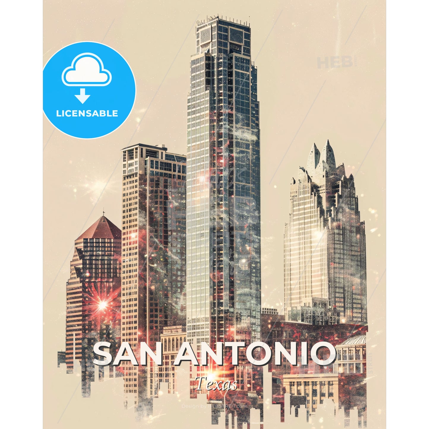 San Antonio City Lightscape Canvas Print - A city skyline with many tall buildings - Square format print template