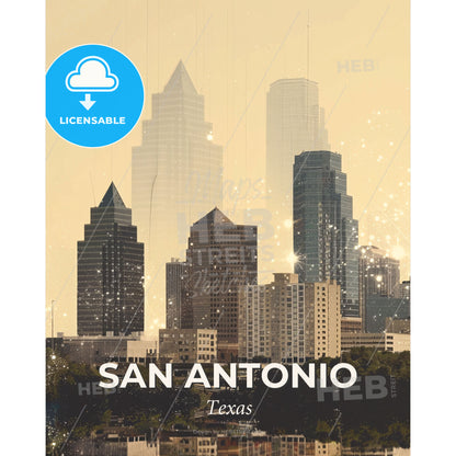 San Antonio City Lights Skyline Sparkle Poster - A city skyline with many tall buildings - Square format print template