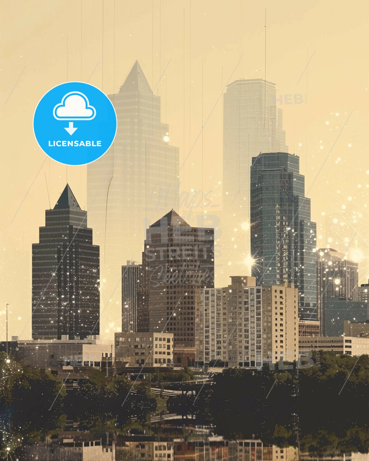 San Antonio City Lights Skyline Sparkle Poster - A city skyline with many tall buildings