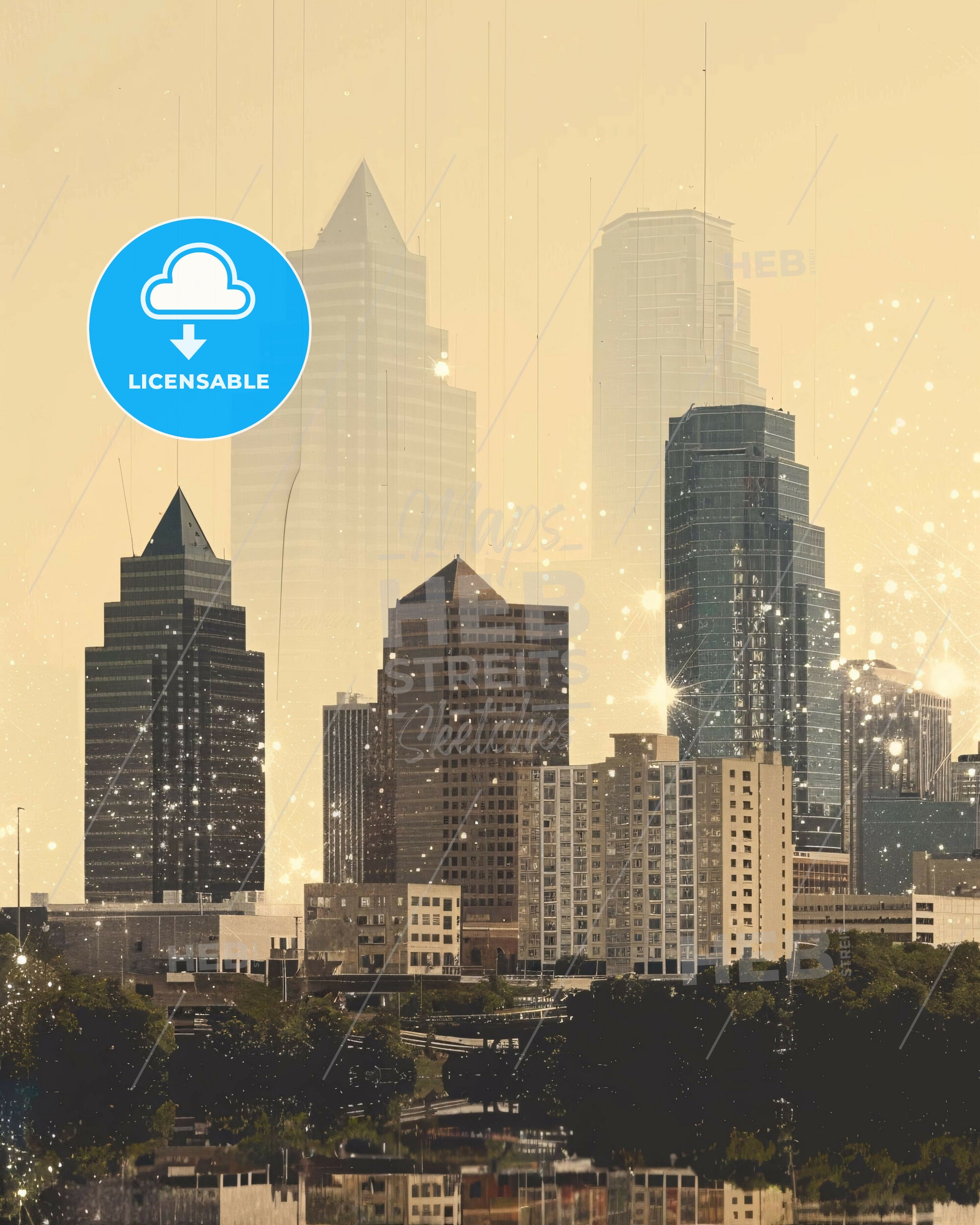 San Antonio City Lights Skyline Sparkle Poster - A city skyline with many tall buildings