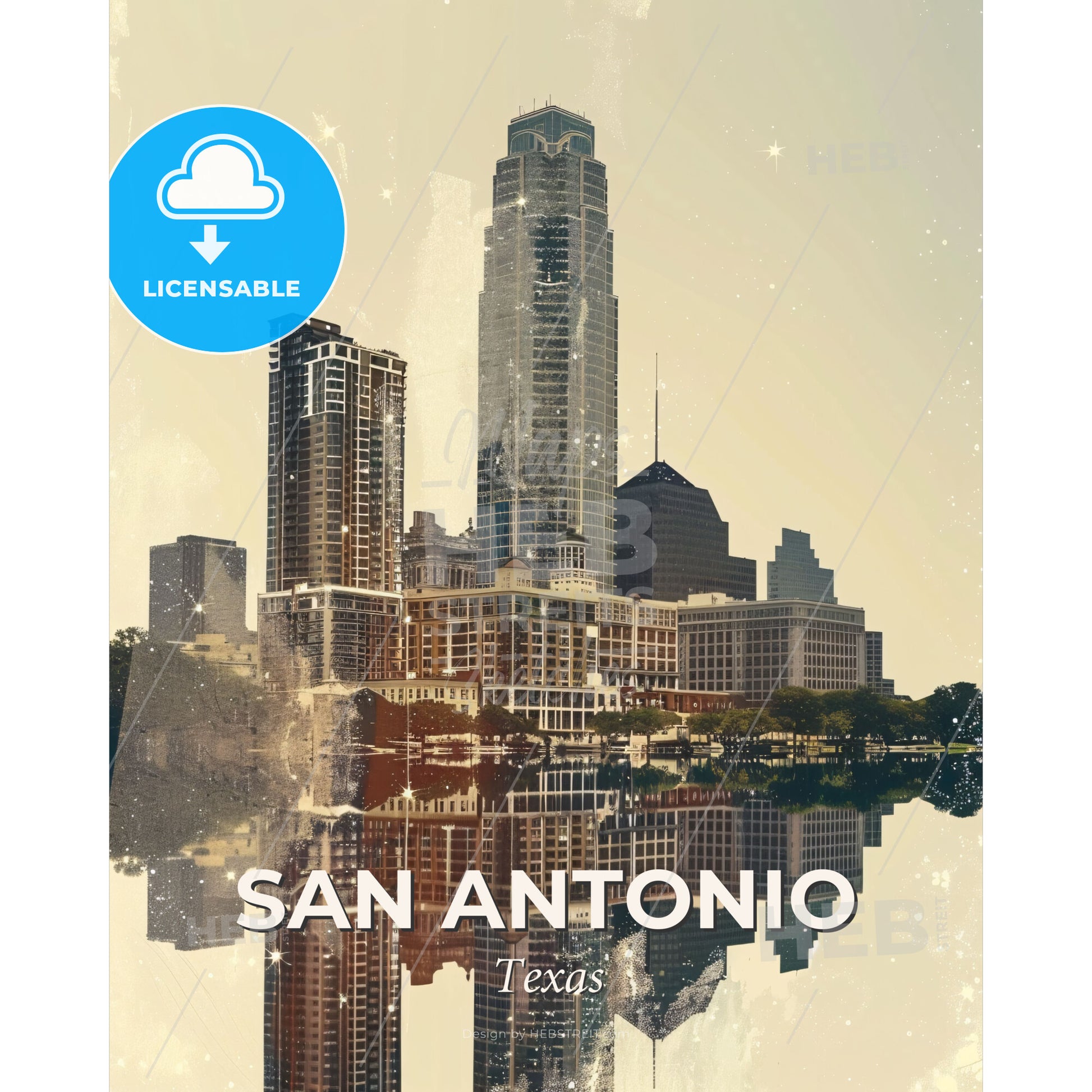 San Antonio Skyline Composite Art Poster - A city with many tall buildings reflected in water - Square format print template