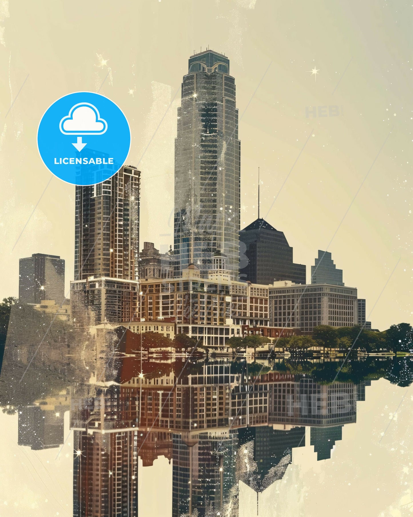 San Antonio Skyline Composite Art Poster - A city with many tall buildings reflected in water