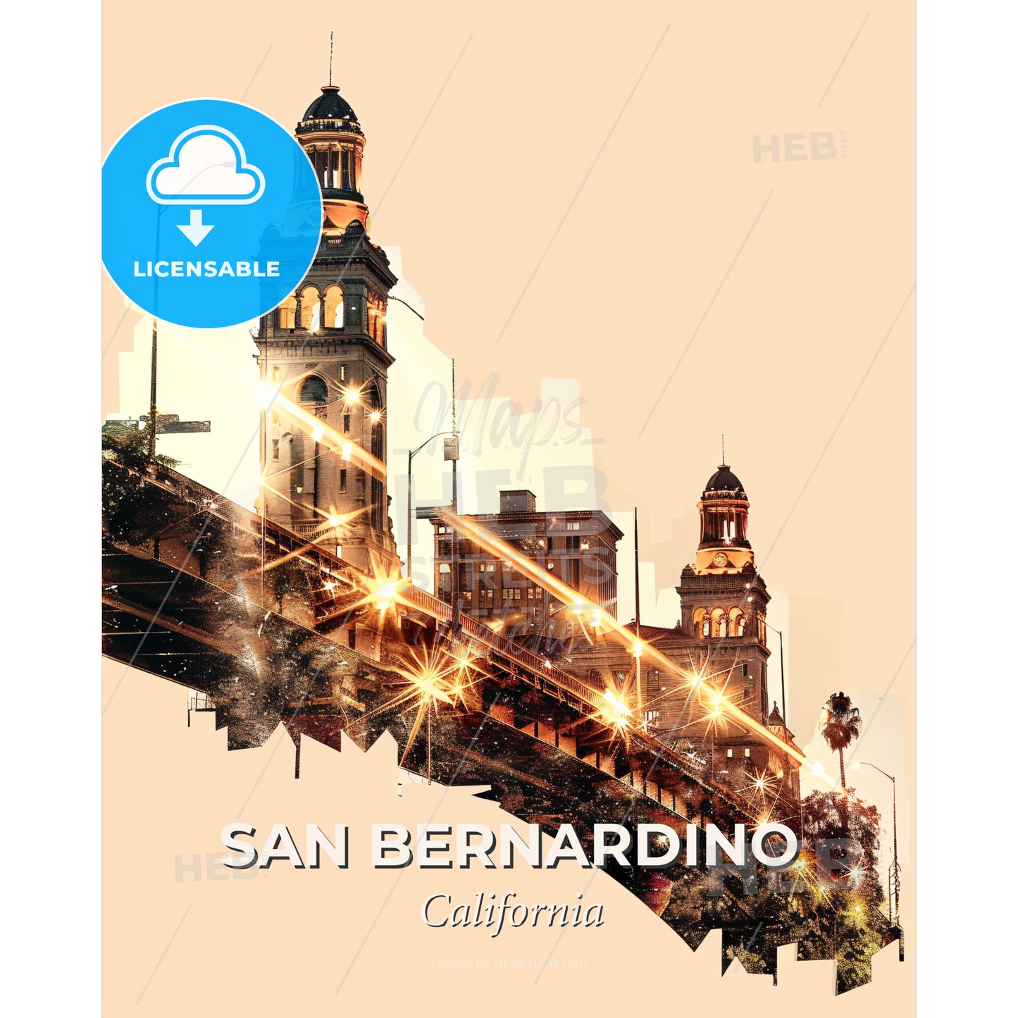 San Bernardino Skyline Glow Poster - A bridge with a tower and lights - Square format print template