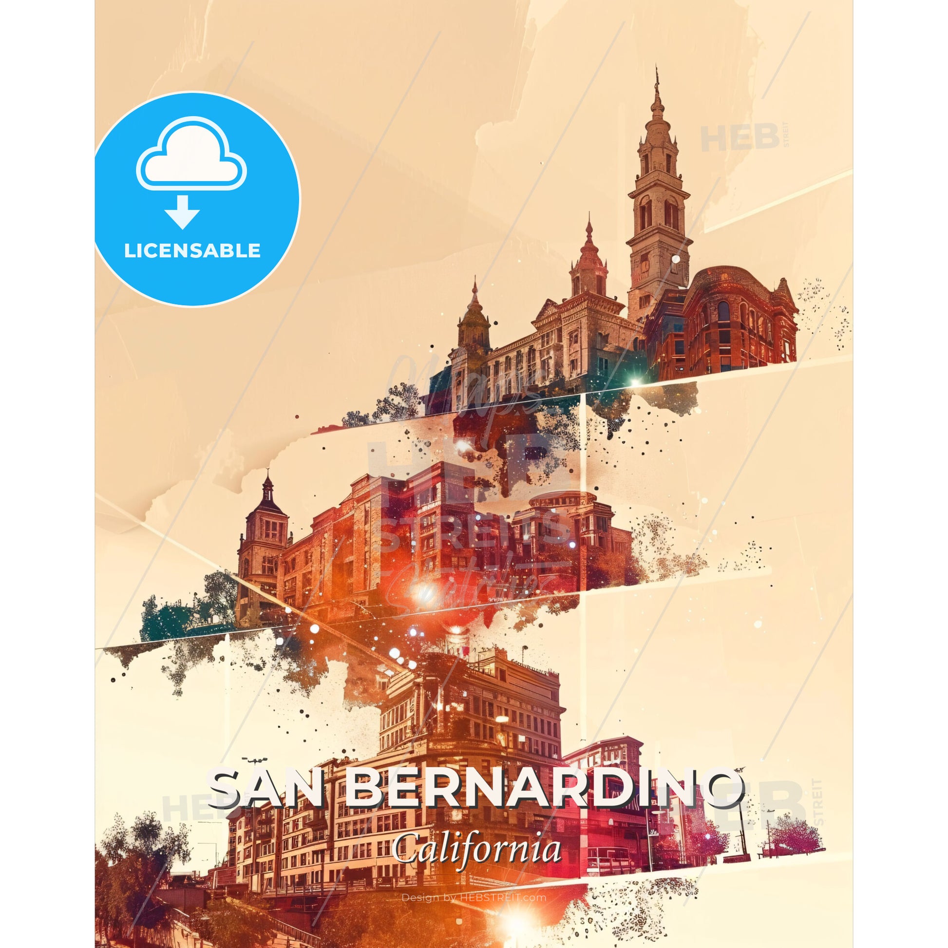 San Bernardino Cityscape Sparkle - A group of buildings with towers - Square format print template