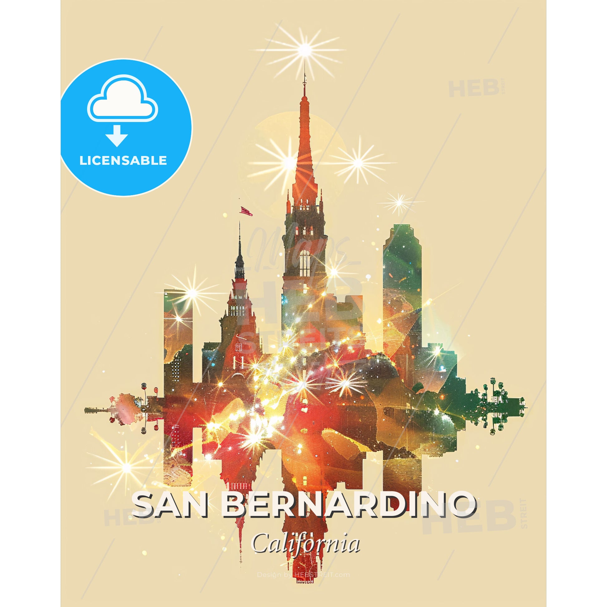 San Bernardino City Icons Double Exposure Skyline - A colorful city skyline with stars - Square format print template