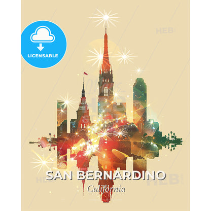 San Bernardino City Icons Double Exposure Skyline - A colorful city skyline with stars - Square format print template
