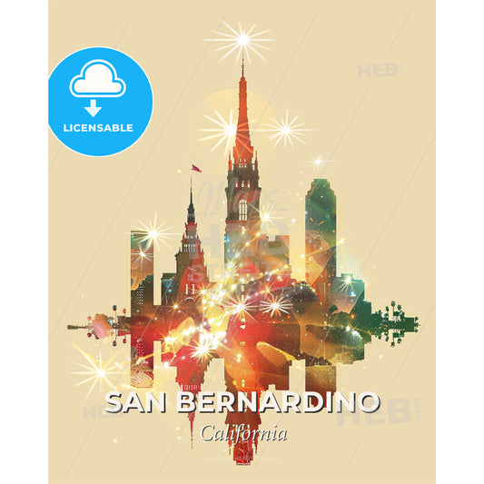San Bernardino City Icons Double Exposure Skyline - A colorful city skyline with stars - Square format print template