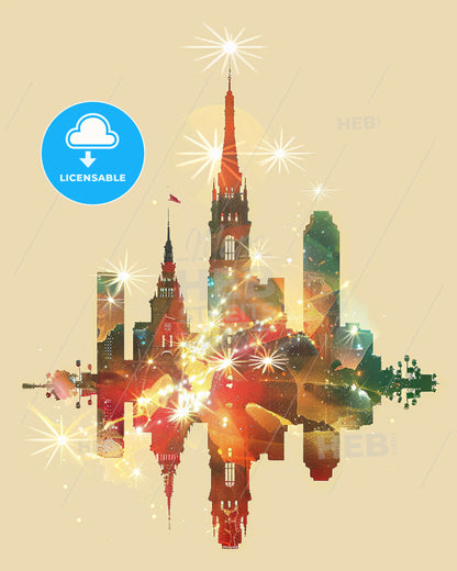 San Bernardino City Icons Double Exposure Skyline - A colorful city skyline with stars