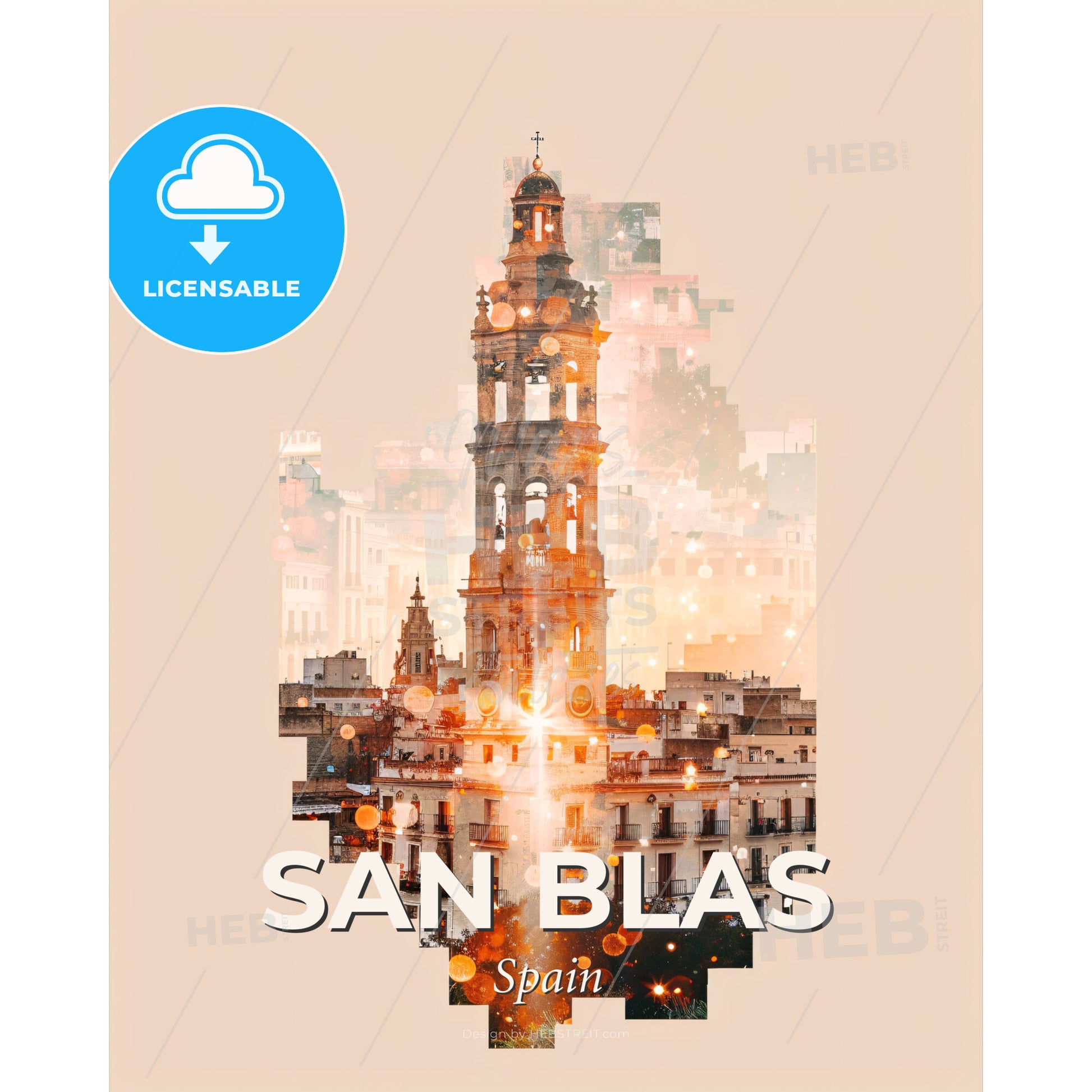 San Blas Skyline Iconic Architecture Art Poster - A building with a tower - Square format print template