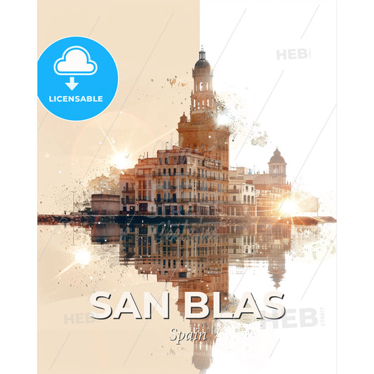 San Blas Skyline Delight: Local Icons Blended - A city with a tower and a building reflected in water - Square format print template