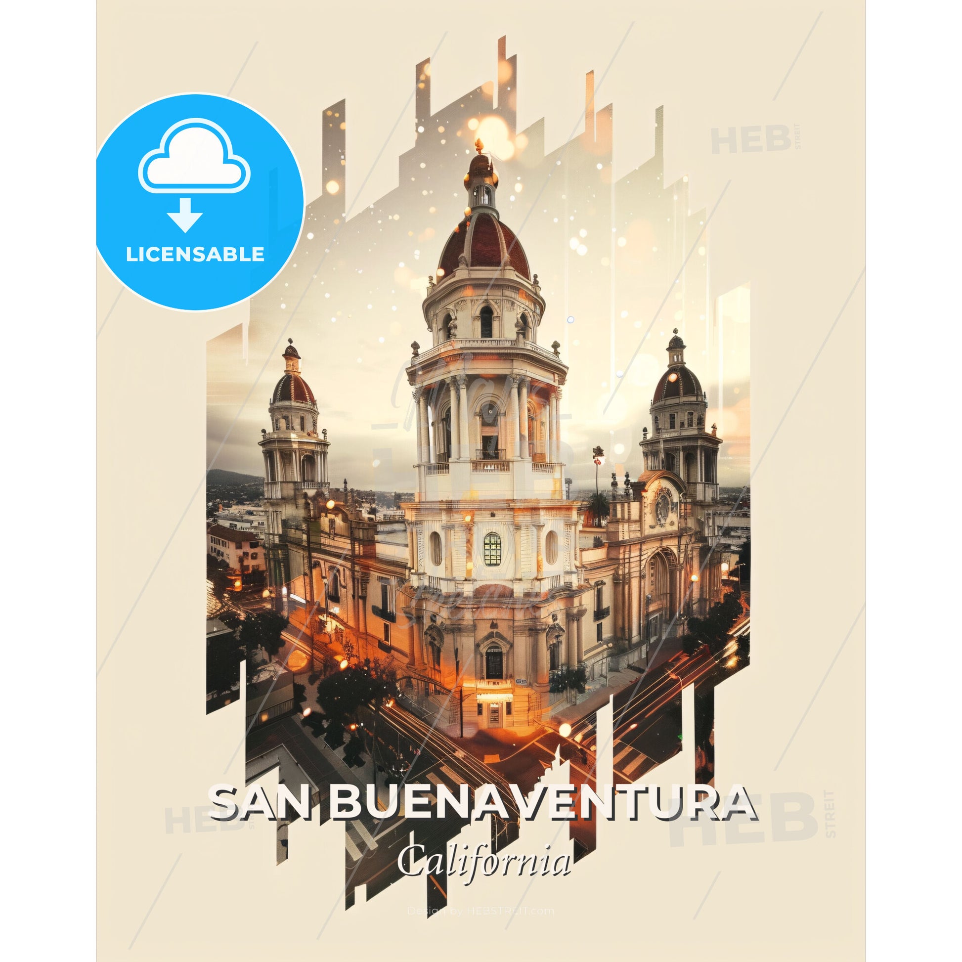 San Buenaventura: Skyline Composite Art - A building with a dome roof - Square format print template