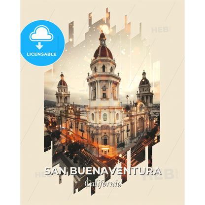 San Buenaventura: Skyline Composite Art - A building with a dome roof - Square format print template
