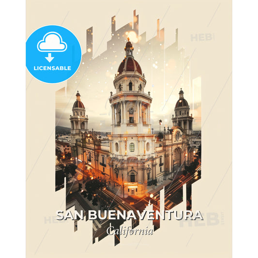 San Buenaventura: Skyline Composite Art - A building with a dome roof - Square format print template