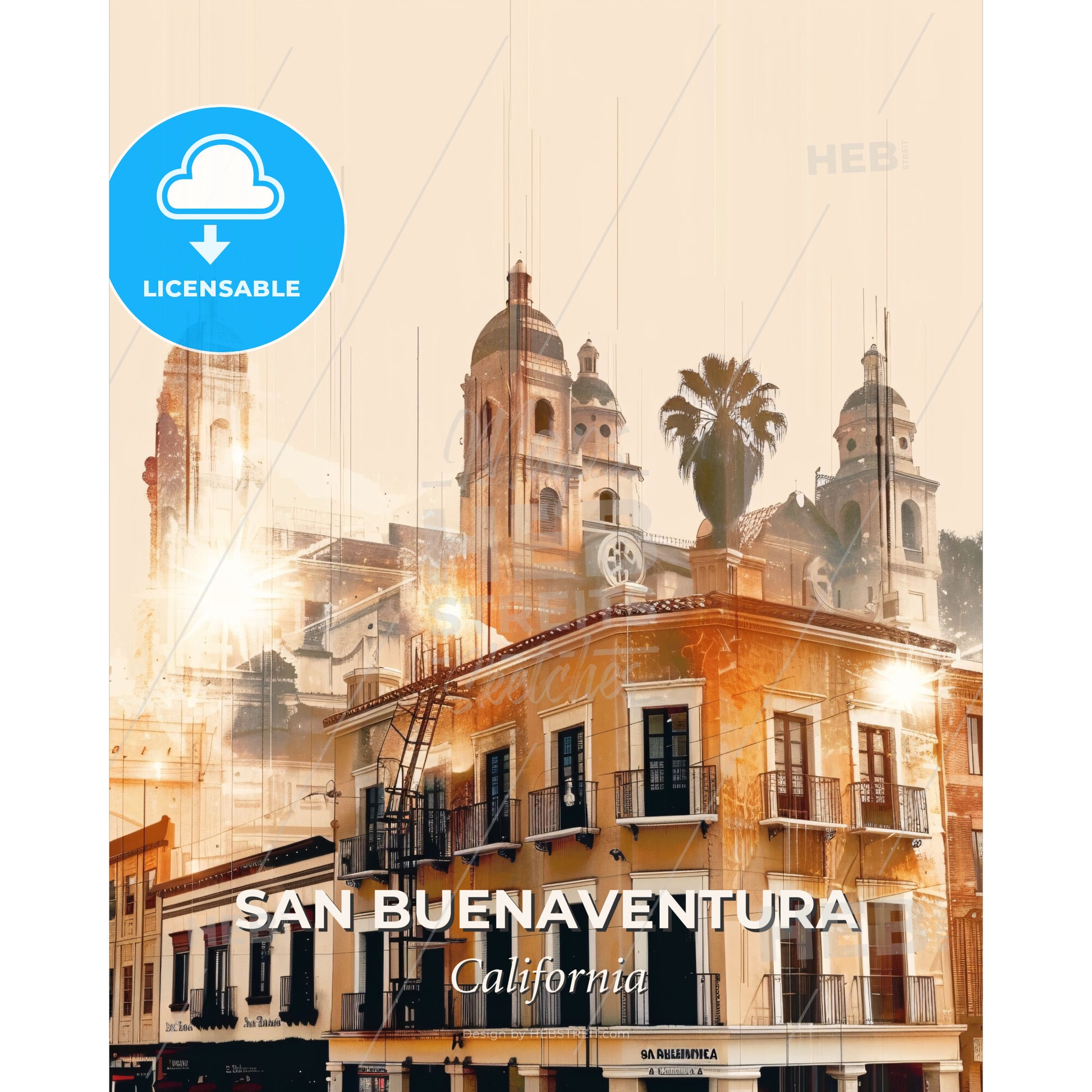 San Buenaventura Skyline Nostalgia Art Poster - A building with a clock on top - Square format print template