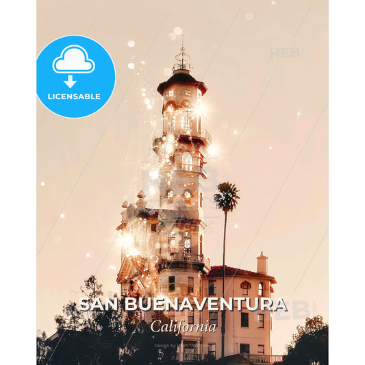SanBuenaventuraCity Skyline Silhouette Art - A building with a tower and trees - Square format print template