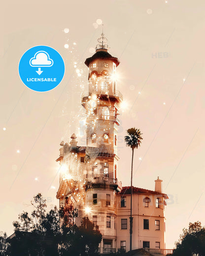 SanBuenaventuraCity Skyline Silhouette Art - A building with a tower and trees