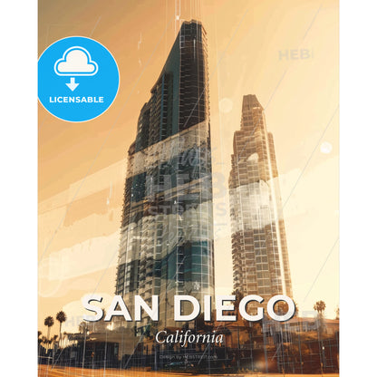 San Diego City Composite Skyline Poster Art - A tall buildings in a city - Square format print template