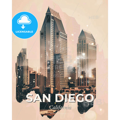 San Diego Cityscape Art Skyline Icon Sparkle Poster - A double exposure of a city - Square format print template