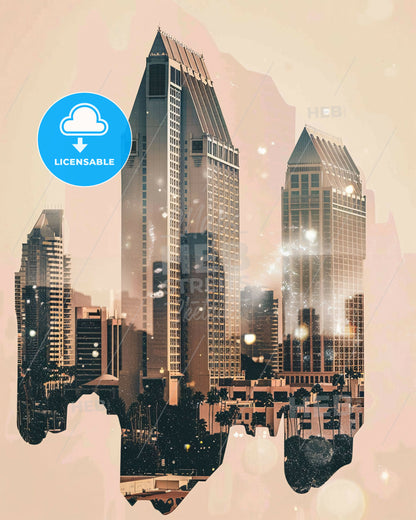 San Diego Cityscape Art Skyline Icon Sparkle Poster - A double exposure of a city