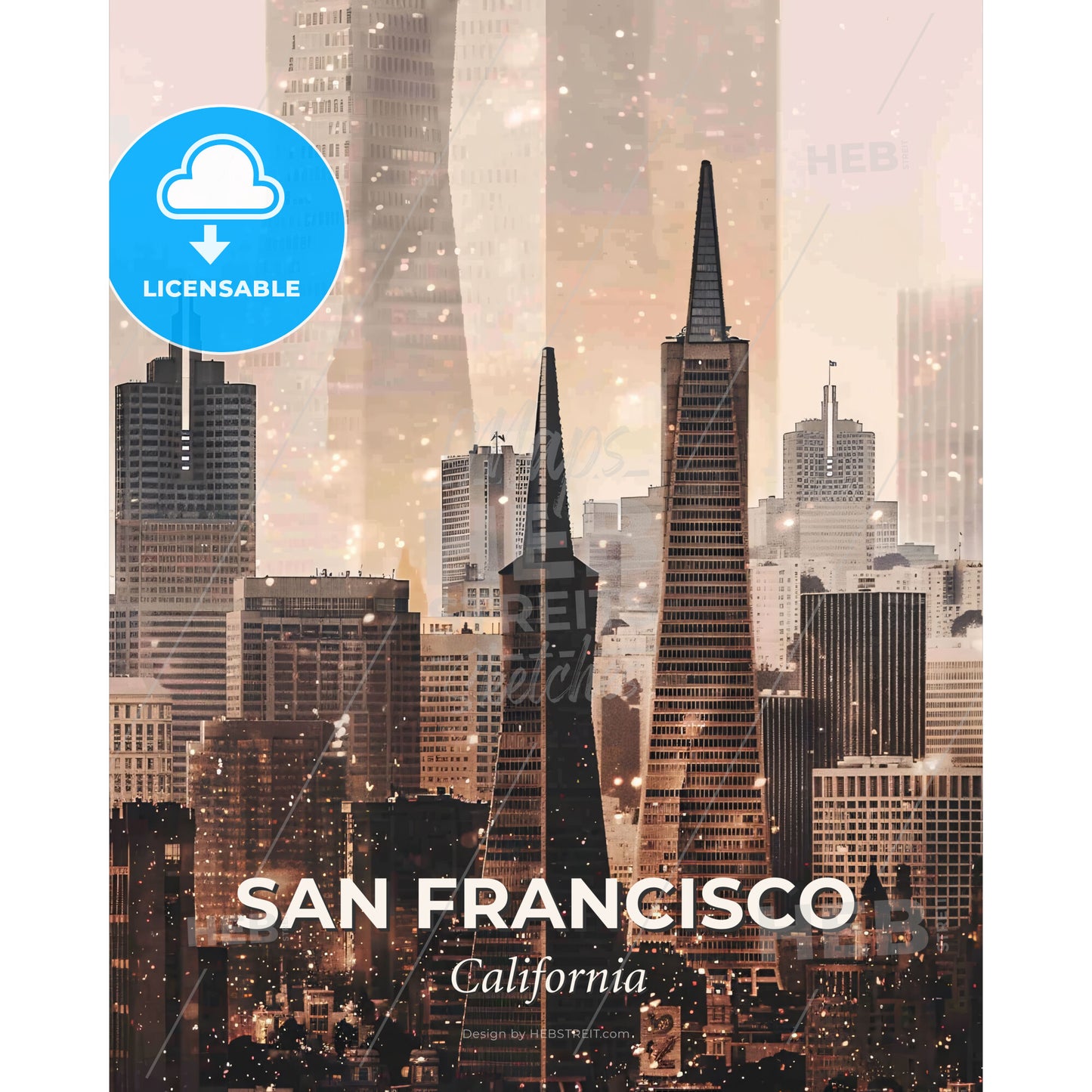 San Francisco Skyline Composite Poster - A city skyline with tall buildings - Square format print template