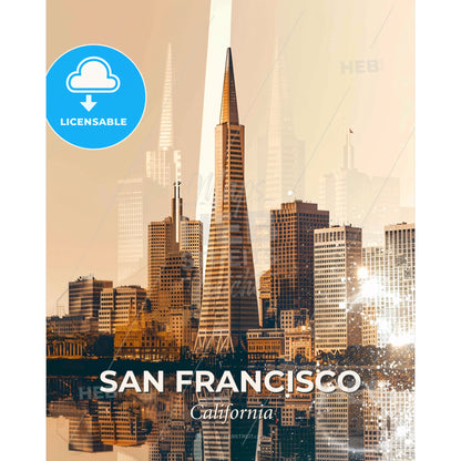 San Francisco Cityscape Double Exposure Art Poster - A city skyline with tall buildings and a body of water - Square format print template