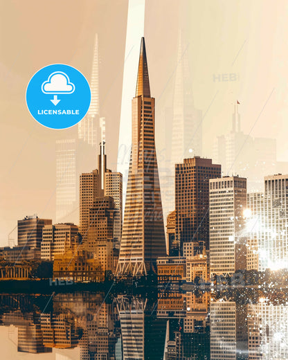 San Francisco Cityscape Double Exposure Art Poster - A city skyline with tall buildings and a body of water