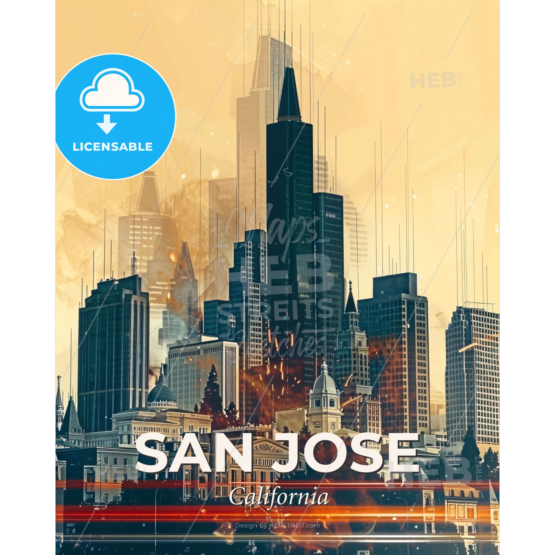 San Jose Skyline Composite: Local Icons, Bright Backdrop - A city with tall buildings - Square format print template