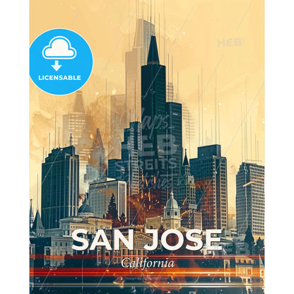 San Jose Skyline Composite: Local Icons, Bright Backdrop - A city with tall buildings - Square format print template