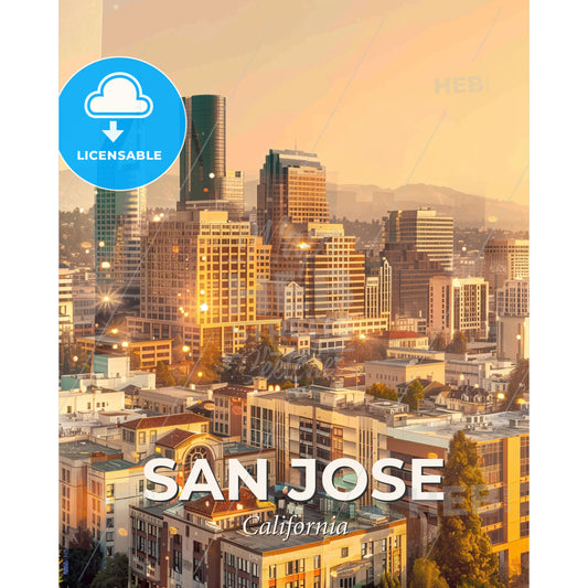 San Jose City Skyline Double Exposure - A city skyline with many tall buildings - Square format print template