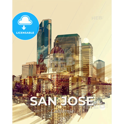 San Jose Skyline Composite Art: Local Icons on Beige - A city with many tall buildings - Square format print template