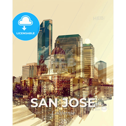 San Jose Skyline Composite Art: Local Icons on Beige - A city with many tall buildings - Square format print template