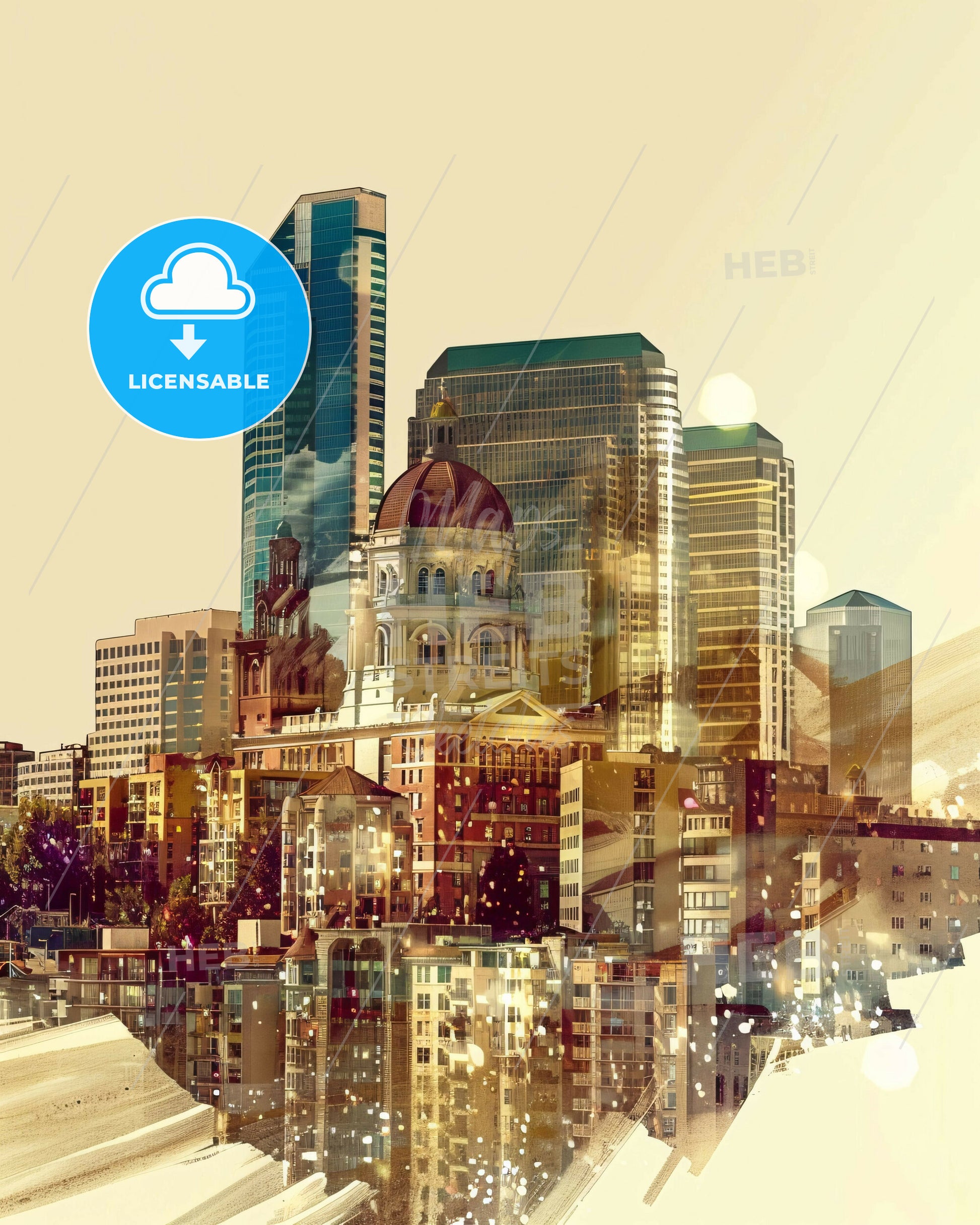 San Jose Skyline Composite Art: Local Icons on Beige - A city with many tall buildings