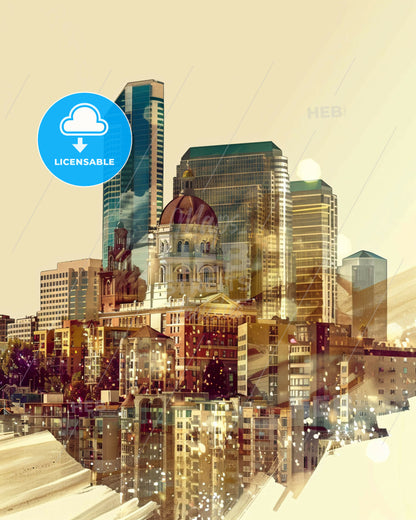 San Jose Skyline Composite Art: Local Icons on Beige - A city with many tall buildings