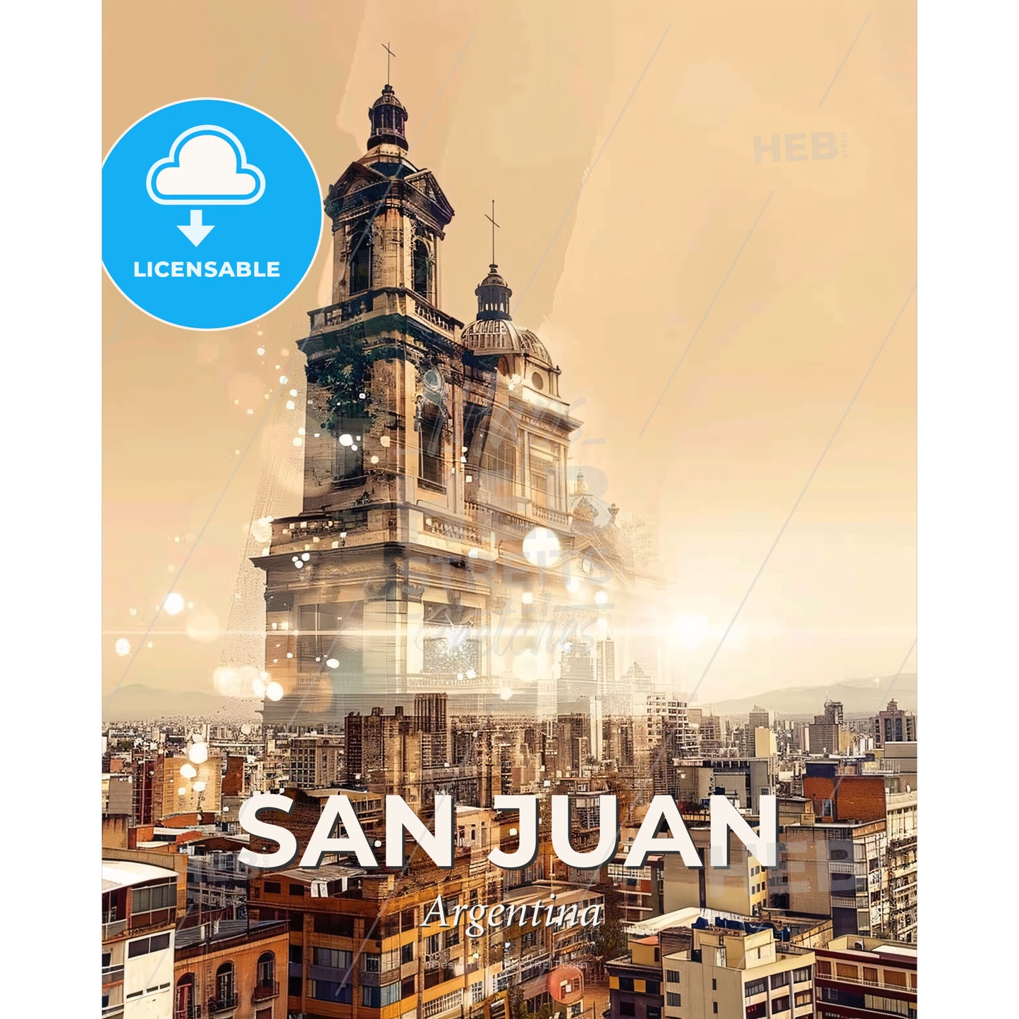 San Juan City Skyline Art Deco Poster - A large building with a tower and a city skyline - Square format print template