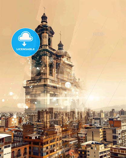 San Juan City Skyline Art Deco Poster - A large building with a tower and a city skyline