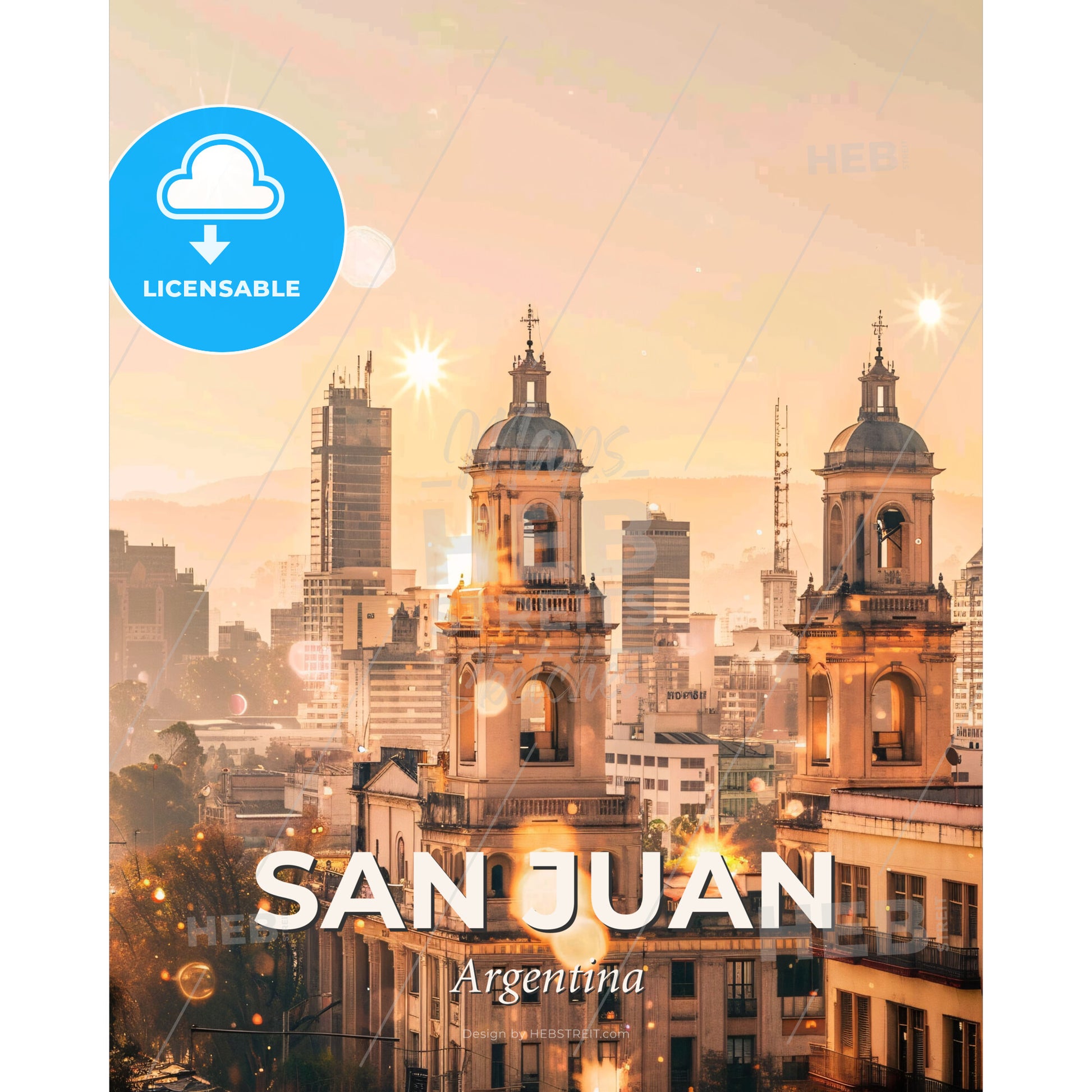 San Juan City Skyline Double Exposure Art Poster - A large building with towers and a city skyline - Square format print template