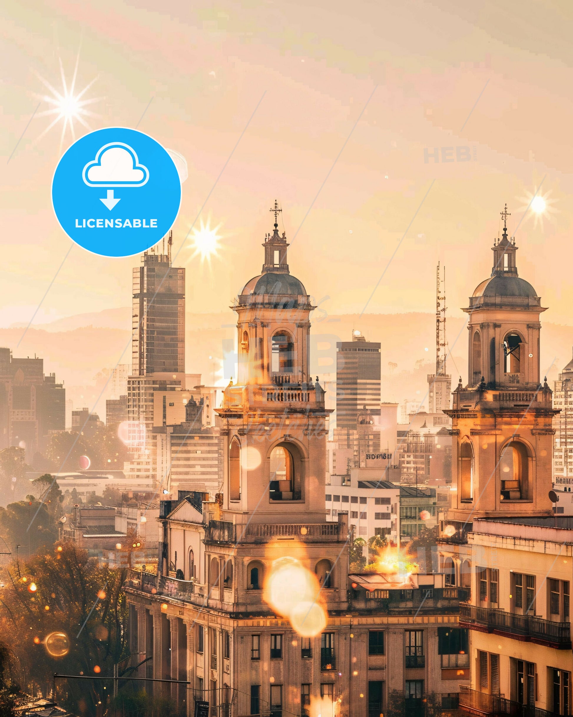 San Juan City Skyline Double Exposure Art Poster - A large building with towers and a city skyline