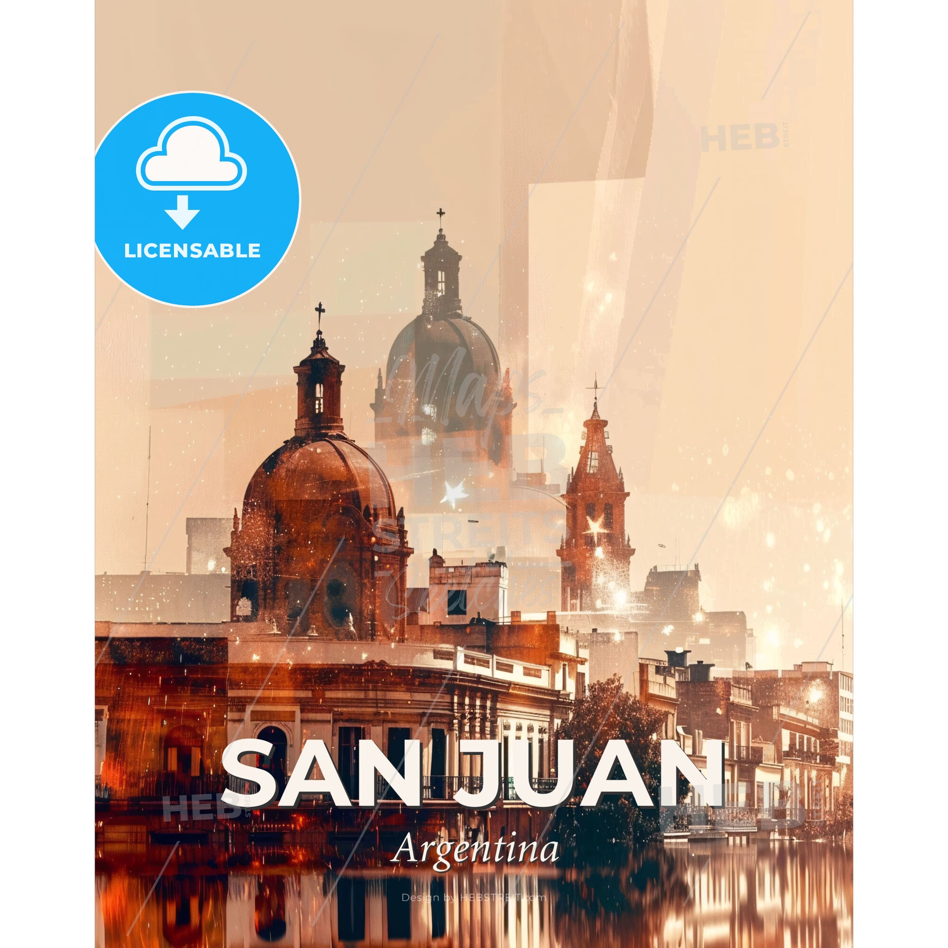 San Juan, Argentina: City Lights and Icons - A city with a building - Square format print template