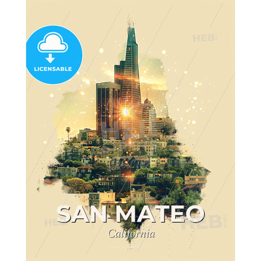 San Mateo Skylinescapes: A Vibrant Poster Tapestry - A city with many buildings - Square format print template