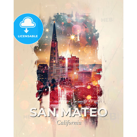 San Mateo Skyline Composite Poster Art - A city skyline with a pointy spire - Square format print template