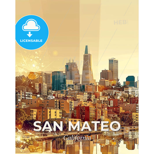 San Mateo Cityscape Art Silhouette City Poster - A city with many buildings and a body of water - Square format print template