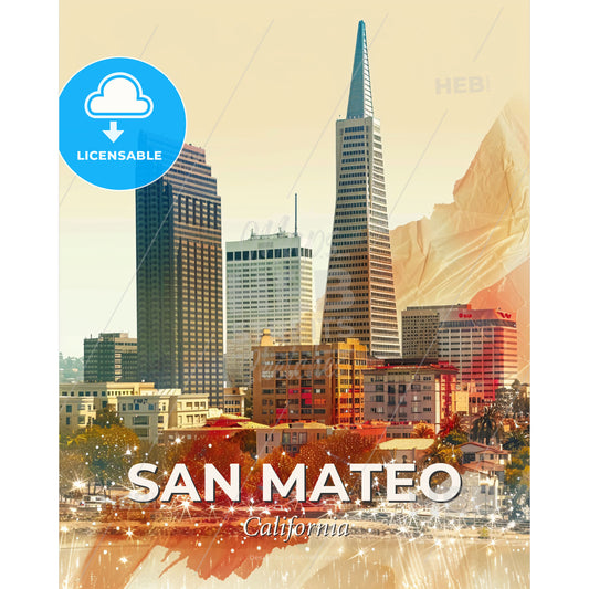 San Mateo Skyline Double Exposure Masterpiece - A city skyline with many tall buildings - Square format print template