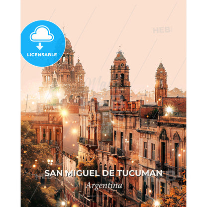 San Miguel de Tucuman Skyline Art Poster - A group of buildings with lights - Square format print template