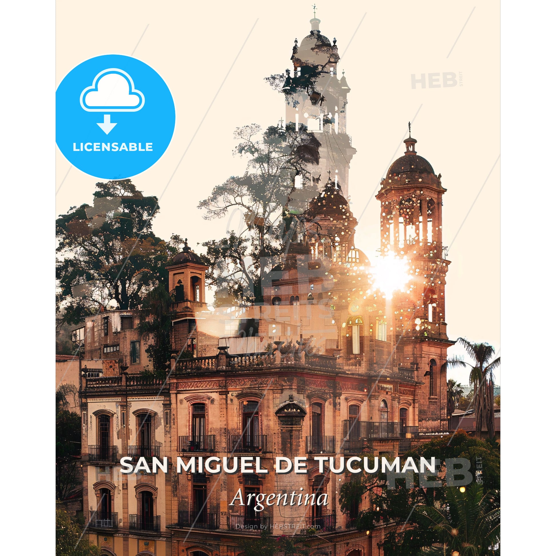 Tucuman Skyline Double Exposure Art - A building with trees and a tower - Square format print template