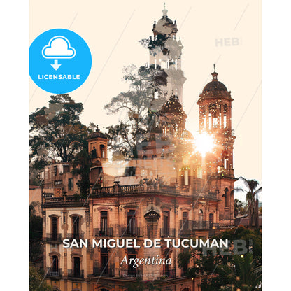 Tucuman Skyline Double Exposure Art - A building with trees and a tower - Square format print template
