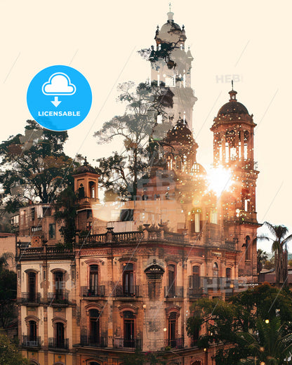 Tucuman Skyline Double Exposure Art - A building with trees and a tower