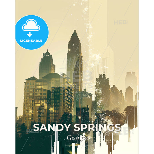 Sandy Springs Cityscape Skyline Poster Artwork - A city skyline with trees and buildings - Square format print template